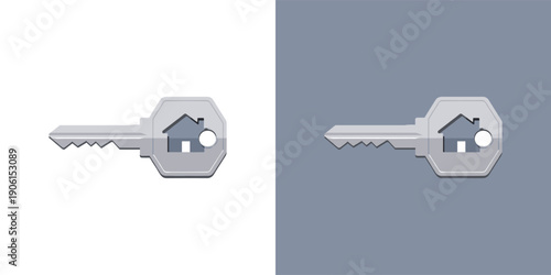 A stylish metallic key with a house silhouette cutout, representing home ownership, real estate, and secure property access. Ideal for housing and mortgage concepts