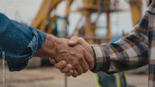 Wallpaper Mural Two construction workers shaking hands in front of a large yellow excavator on a construction site Torontodigital.ca