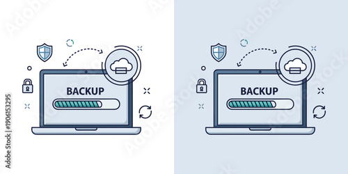 Secure Digital Data Backup and Cloud Storage Synchronization Process Illustrated on a Laptop Computer, Emphasizing Online Protection and System Restoration