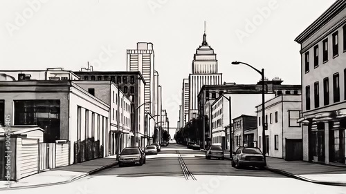Cityscape Sketch - Urban Street Scene with Buildings and Cars.