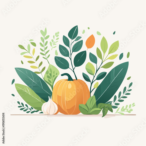 Autumn Harvest Bounty A Vibrant Composition of Pumpkin, Garlic, and Lush Greenery