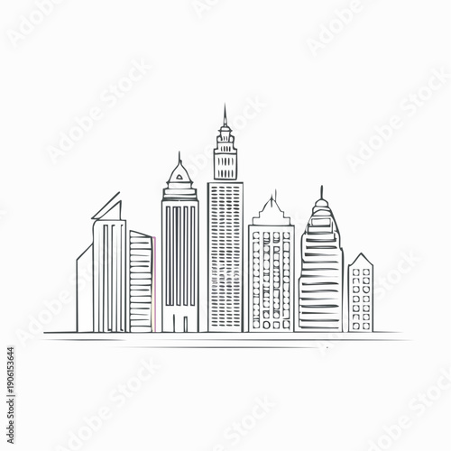 Hand-drawn minimalist sketch of a modern city skyline with tall skyscrapers