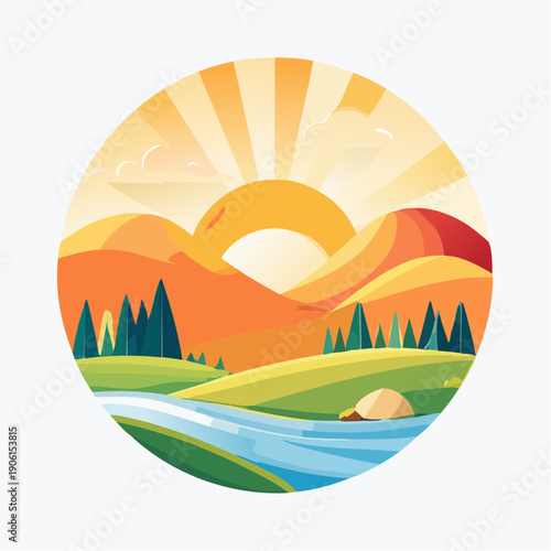 Vibrant sunrise over rolling hills and a serene river, a picturesque landscape scene