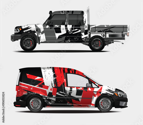 Side views of a pickup truck and a van with partial vehicle wraps