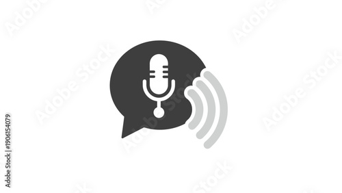 Black microphone in speech bubble icon.