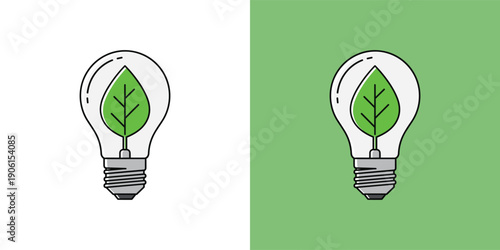 Minimalist lightbulb graphic with a green leaf inside, representing sustainable energy, eco-friendly solutions, and environmental consciousness for a greener world