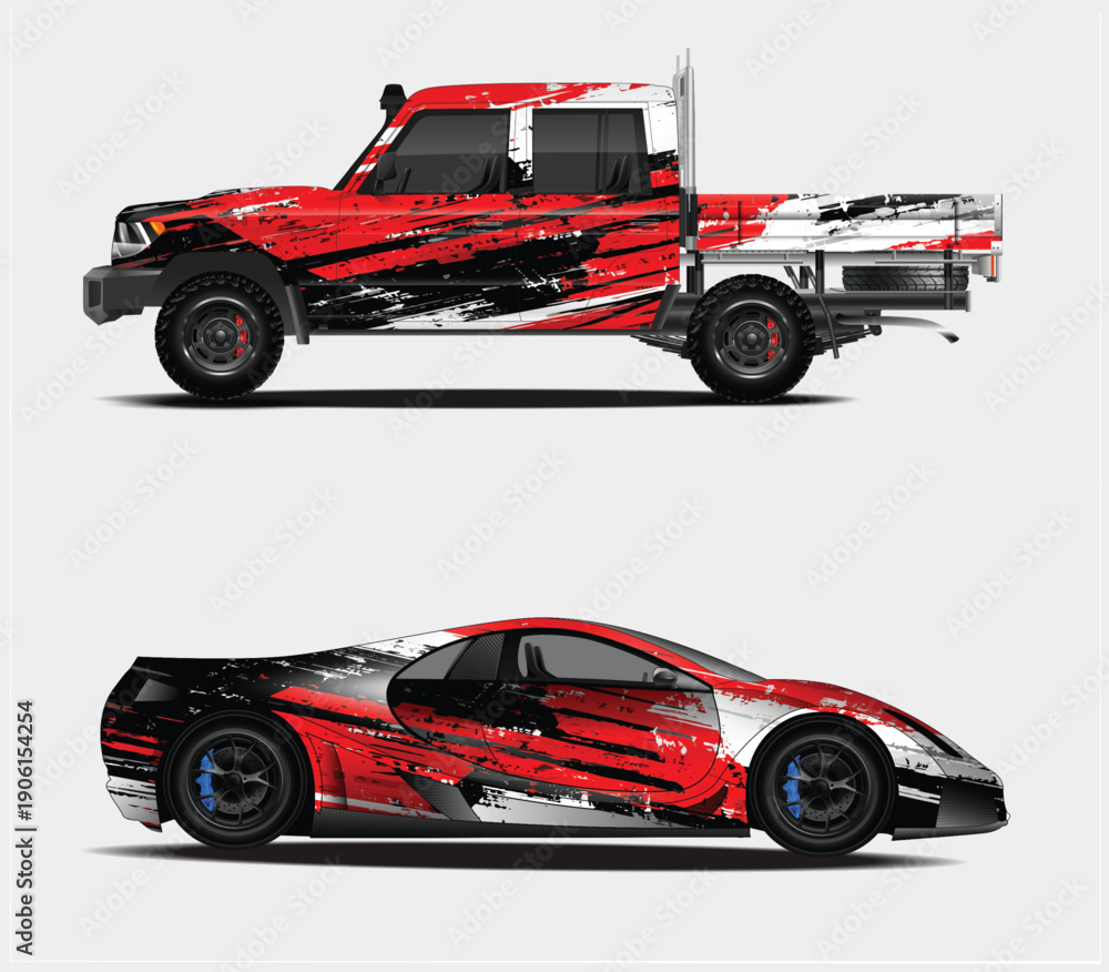 Fototapeta premium Red sports car and pickup truck with flame design