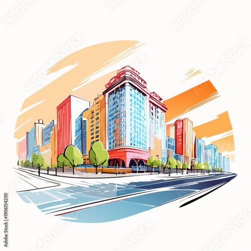 Vibrant watercolor illustration of a modern cityscape with high-rise buildings