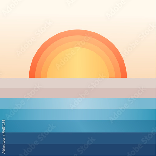 Sunset Over Calm Ocean with Horizon and Graduated Sun