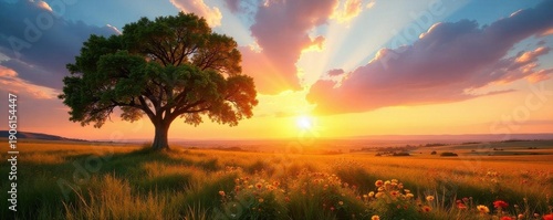 Cottonwood tree stands sentinel, vibrant wildflowers at its base, sunset glow over plains , pasture, clouds, summer