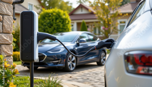 Electric vehicle charging station with car plugged in, showcasing modern technology and eco friendly transportation. scene is set in residential area, highlighting convenience and sustainability