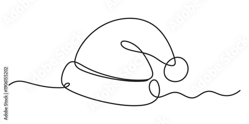 Continuous line drawing of a festive santa claus hat for christmas holiday decoration. Vector, illustration
