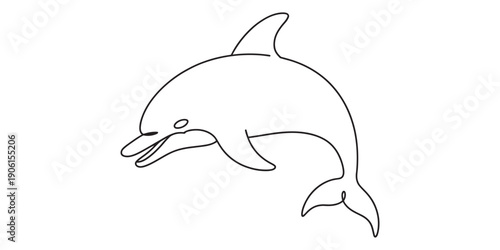 Simple line drawing of a dolphin jumping out of the water on a plain white background. Vector, illustration