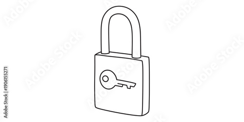 Simple black and white line drawing of a closed padlock with a key icon on the front surface. Vector, illustration