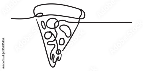 A minimalist continuous line drawing of a single slice of delicious pepperoni pizza. Vector, illustration