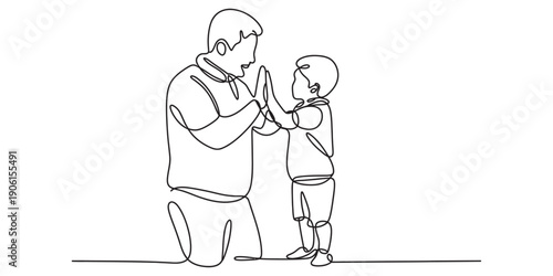 A continuous line drawing of a father kneeling down to give his young son a high five. Vector, illustration