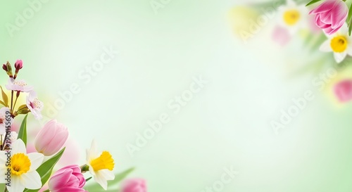 Wallpaper Mural A delicate arrangement of tulips and daffodils on a soft green background, captured from a front viewpoint as a serene floral display Torontodigital.ca