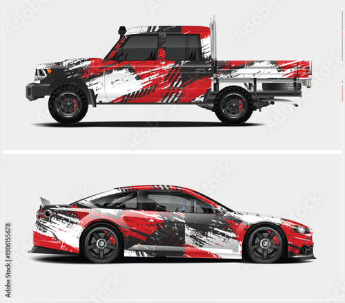 Red and white race car and pickup truck with sponsor decals