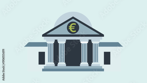 Modern flat vector illustration depicting a financial institution or bank with classical architectural elements, adorned with a Euro symbol, representing European finance and banking services