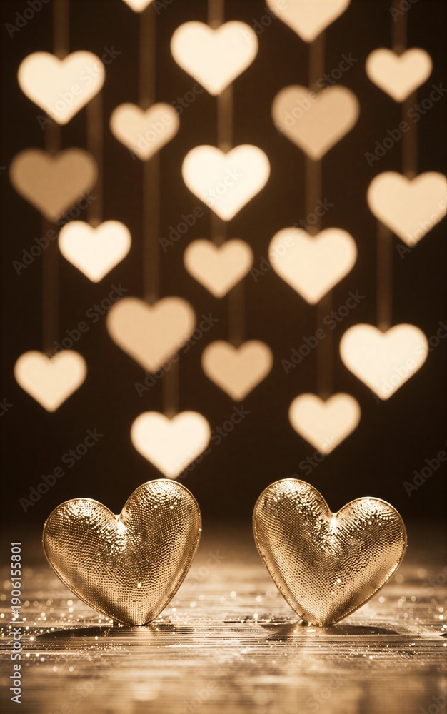 Obraz premium Golden hearts glittering on dark surface, soft bokeh lights in background.