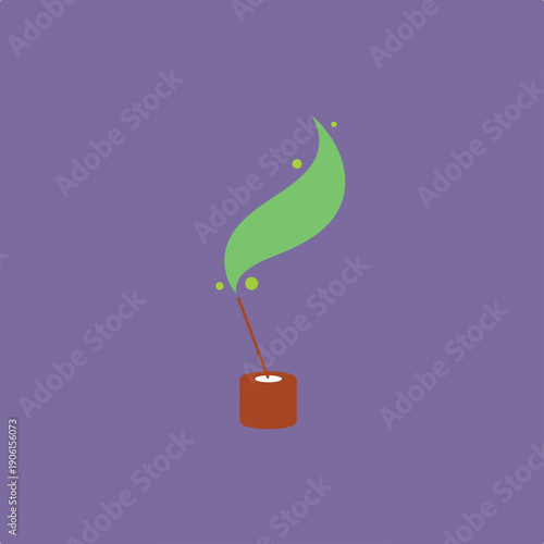 A minimalist vector illustration shows a brown incense stick burning in a circular holder, emitting a stylized green, leaf-like plume of smoke with glowing particles.