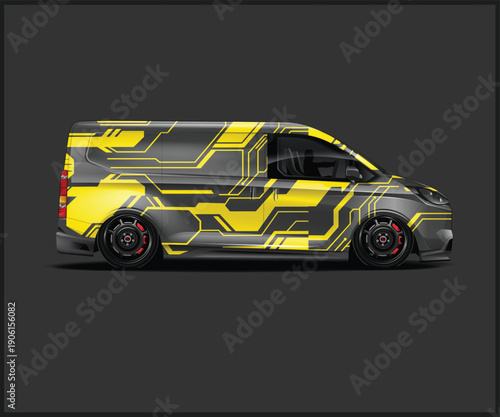 Yellow and gray van with futuristic design on side profile