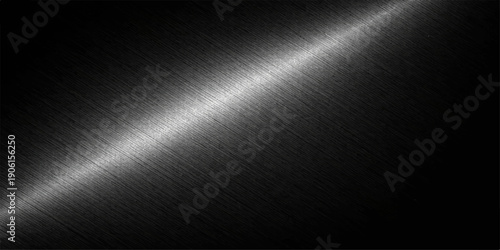 A shiny brushed silver metal texture background features a dark grey stainless steel plate surface with a metallic aluminum pattern and chrome light reflections for a modern industrial backdrop design