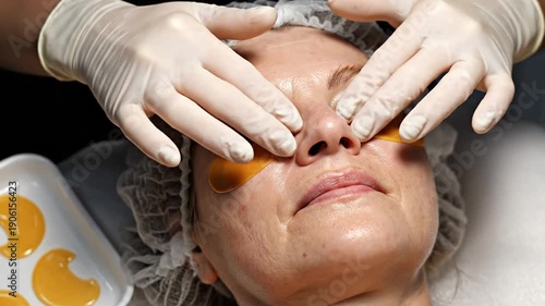 Wallpaper Mural Gloved hands applying golden facial masks to a serene woman's face during a spa treatment Torontodigital.ca