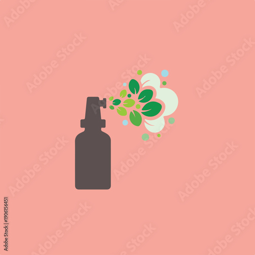 A minimalist illustration of a spray bottle emitting a burst of green leaves and colorful bubbles against a solid peach background.