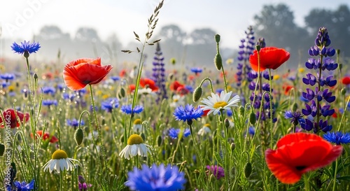 Vibrant Wildflower Meadow in Bloom Under a Misty Morning Sky, Showcasing a Diverse Array of Colorful Blooms in a Natural Setting
