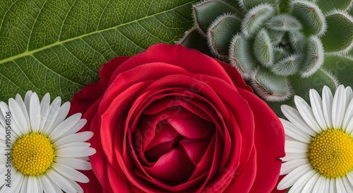 Wallpaper Mural A vibrant red rose surrounded by white daisies and succulents on a leafy green background viewed from directly above Torontodigital.ca