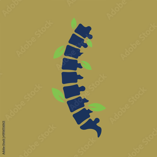 A stylized dark blue human spine is depicted with fresh green leaves emerging from its segments, set against a solid olive-gold background.