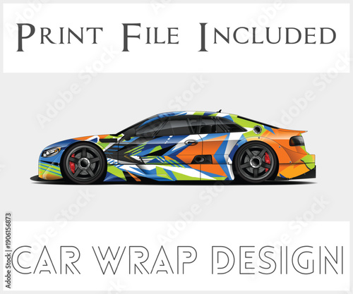Vibrant abstract car wrap design on a sports car