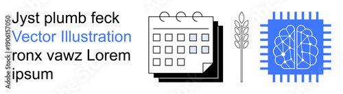 Technology integration, agriculture advancements, artificial intelligence, future planning, productivity, smart farming. Minimal calendar, wheat ear blue neural network circuit symbol. Technology