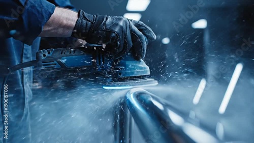 Wallpaper Mural A person wearing gloves sands a metal surface in an industrial workshop with sparks flying around Torontodigital.ca