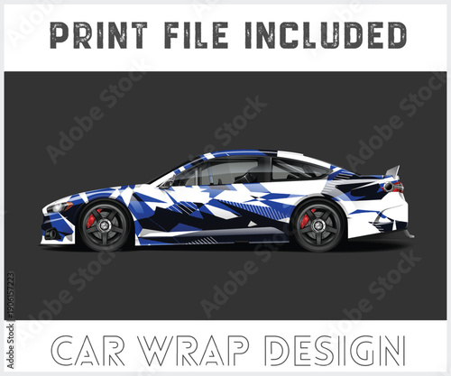 Blue and white sports car with abstract design