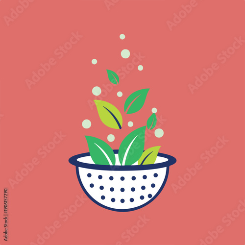 A minimalist vector illustration shows fresh green leaves being rinsed in a white and blue colander, with light green bubbles indicating water.