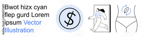 Finance, health, exercise, motion, minimalism, modern design. Dollar sign, woman stepping out of a frame waist with rotation arrows. Finance and health concepts in creative designs