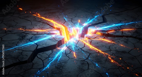 Wallpaper Mural A dramatic explosion of blue and orange sparks on a cracked dry ground viewed from directly above Torontodigital.ca