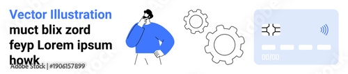 Technology, innovation, problem-solving, digital payment, workflow automation, brainstorming. Male figure in blue pondering with gears and contactless smart card. Technology and innovation concept