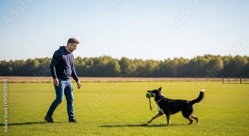 Man playing fetch with his dog in a large grassy field on a sunny day