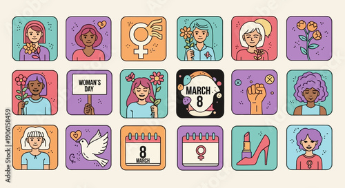 A collection of diverse women's day icons celebrating femininity, strength, and equality with symbols and portraits.