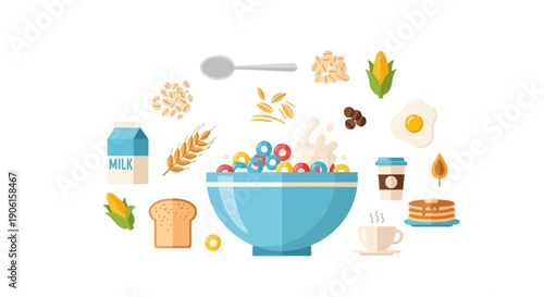 A vibrant flat illustration showcasing a variety of breakfast food items arranged around a central bowl of cereal, including milk, bread, pancakes, coffee, and various grains.