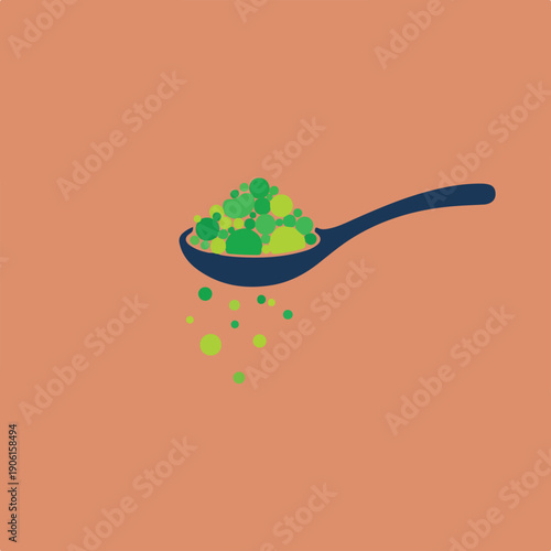 A flat vector illustration shows a dark blue spoon overflowing with green peas, with some gracefully falling onto a warm peach background.