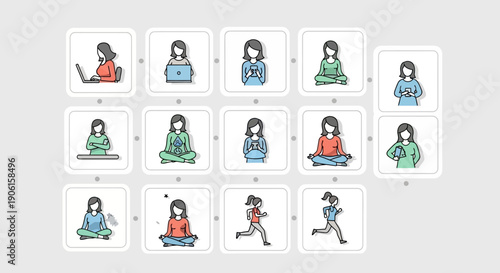 Collection of stylized icons depicting women in various activities, including working on laptops, meditating, and exercising.