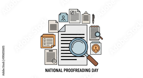 National Proofreading Day illustration featuring documents, magnifying glass, and office supplies, symbolizing accuracy and attention to detail in text.