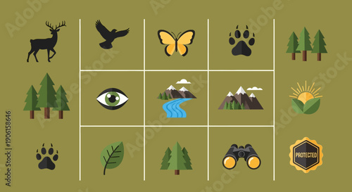 A grid of nature-themed icons including animals, plants, landscapes, and outdoor equipment, presented on a muted green background.