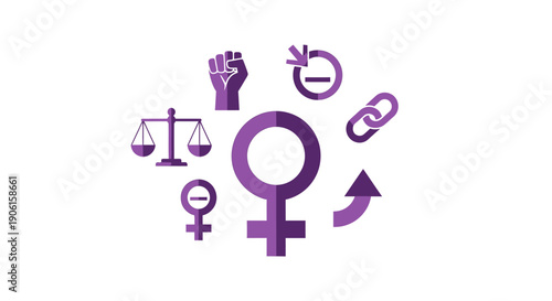 Symbolic representation of women's rights and empowerment, featuring the Venus symbol surrounded by icons of justice, strength, equality, and progress.