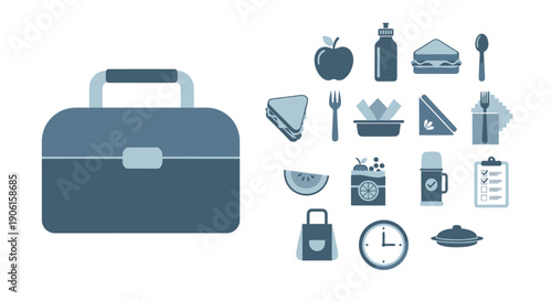 A collection of icons representing a lunchbox and various food and accessory items for packing a meal, presented in a flat design style.