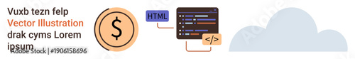Cloud storage, web development, data integration, programming tools, online analytics, monetization. Icon of a dollar sign, coding elements and a cloud. Cloud storage and web development